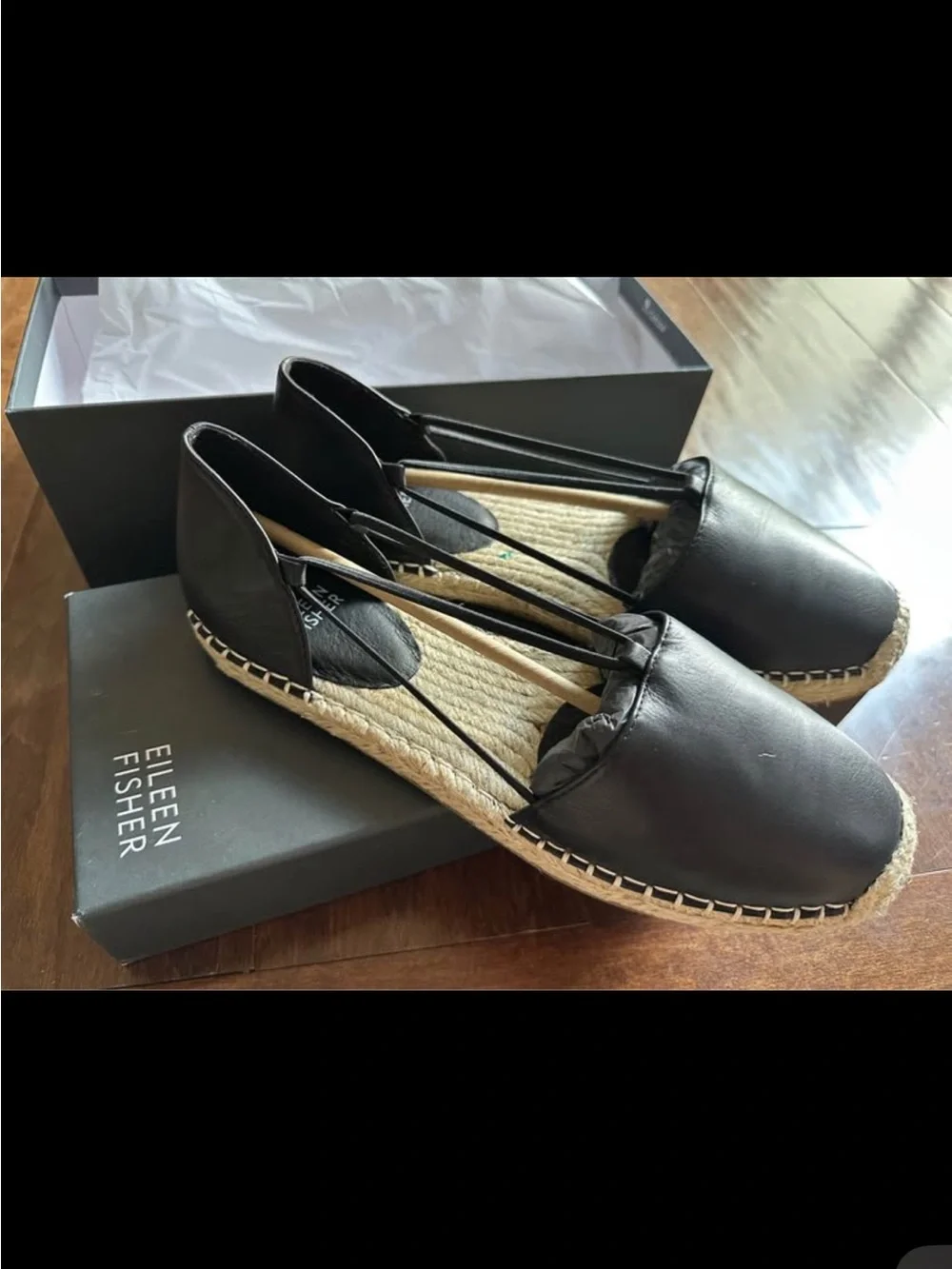 Eileen Fisher Black Leather Espadrille Flats with Elastic Cross-Straps